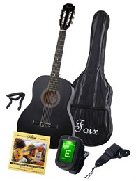 FCG-2036CAP-BK-3/4 Классическая гитара 3/4 с чехлом, ремнем, тюнером, черная, Foix FCG-2036CAP-BK-3/4