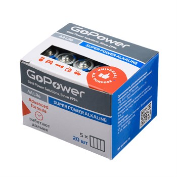 00-00017748 Super Power Alkaline Элемент питания LR6/AA щелочной 1.5В, 20шт, GoPower mf9PO7wGjtXagDHyP-ITo0 - фото 1794